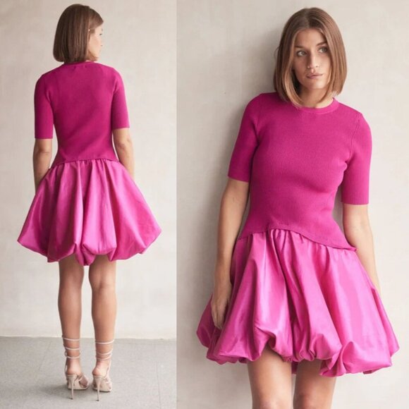 Jonathan Simkhai Kenny Magenta Pink Bubble Hem Knit Taffeta Mini Dress Size M - Picture 3 of 12